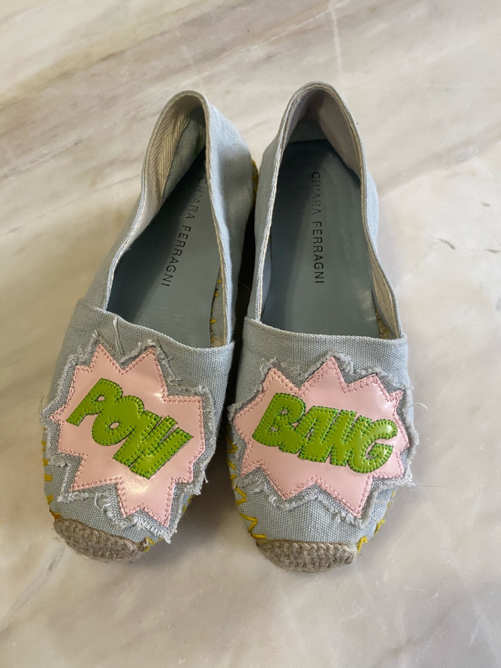 Chiara Ferragni Blue Canvas Pow Bang Espadrilles Loafers Size 35